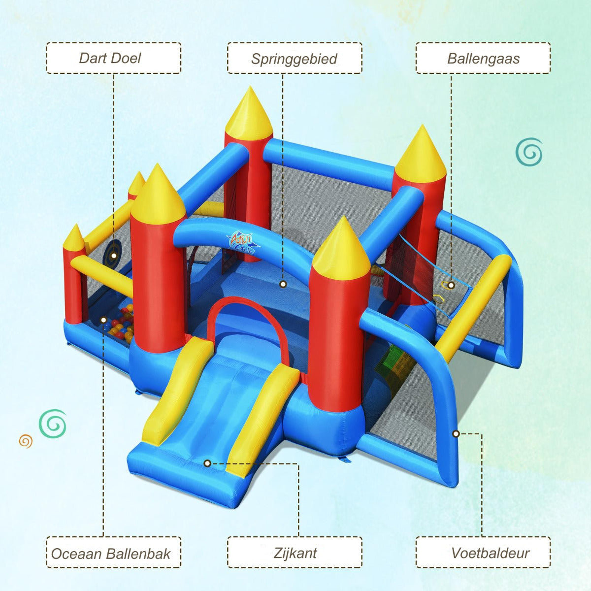 LIVSK Opblaasbaar Springkasteel met Glijbaan en Voetbaldoel - Veilige Oxford-stof - Voor 4 Kinderen - 350 x 275 x 196 cm -