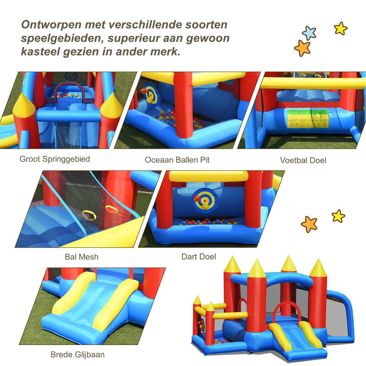 LIVSK Opblaasbaar Springkasteel met Glijbaan en Voetbaldoel - Veilige Oxford-stof - Voor 4 Kinderen - 350 x 275 x 196 cm -