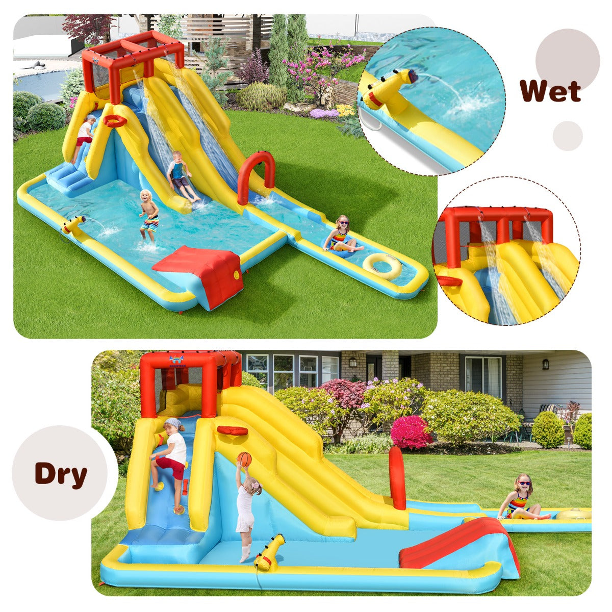 LIVSK Opblaasbaar Springkasteel met Ventilator - Glijbanen - Zwembad - Basketbalmand - Klimwand - Voor 3 Kinderen - Blauw