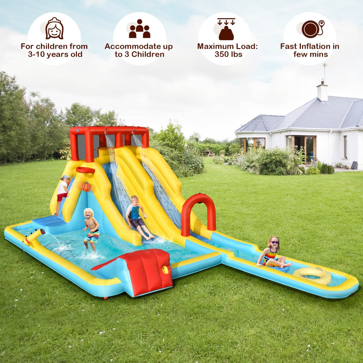 LIVSK Opblaasbaar Springkasteel met Ventilator - Glijbanen - Zwembad - Basketbalmand - Klimwand - Voor 3 Kinderen - Blauw