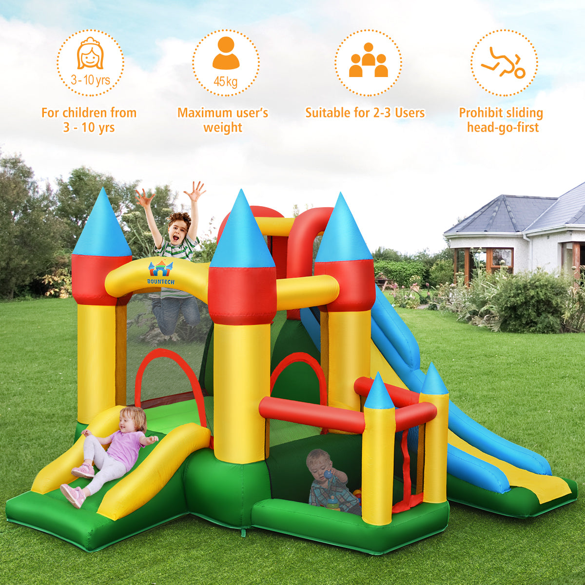 Livsk costway opblaasbaar springkasteel met 780w luchtblazer 2 glijbanen springkasteel voor kinderen 330 x 300 x 210 cm kleurrijk