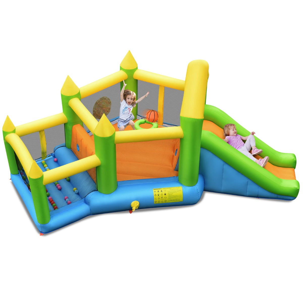 LIVSK Opblaasbaar Springkasteel met Glijbaan en Basketbalring - Duurzaam Oxford - Voor 3 Kinderen - 477 x 241 x 208 cm -