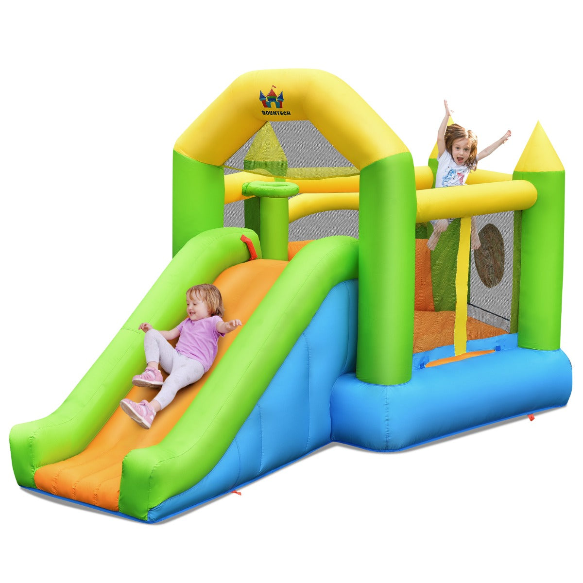 LIVSK Opblaasbaar Springkasteel met Glijbaan en Basketbalring - Duurzaam Oxford - Voor 3 Kinderen - 477 x 241 x 208 cm -
