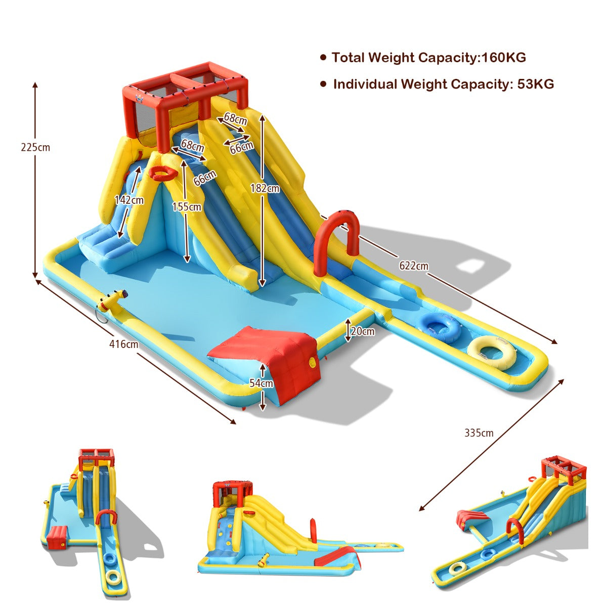 LIVSK Opblaasbaar Springkasteel - Glijbanen, Zwembaden, Basketbalhoepel, Waterpistool, Klimwand - 622 x 335 x 225 cm - Zie