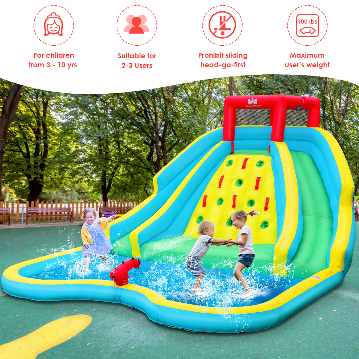 LIVSK Opblaasbaar Waterglijpark - 2 Glijbanen - Klimwand - Waterkanon - Veiligheidsnet - Voor 3-10 jaar - 518 x 366 x 229 cm -
