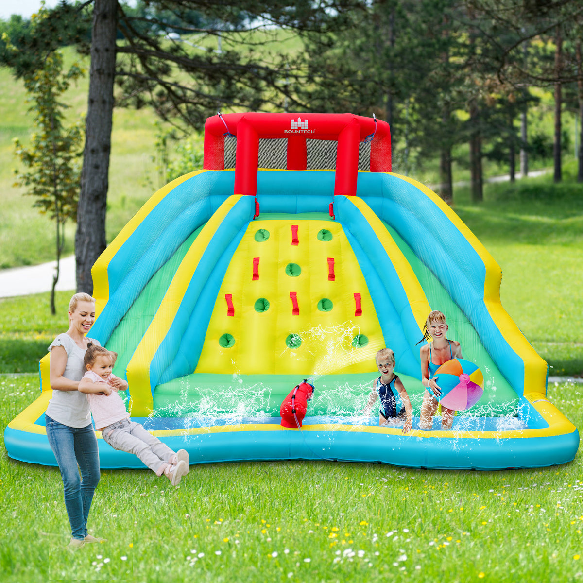 LIVSK Opblaasbaar Waterglijpark - 2 Glijbanen - Klimwand - Waterkanon - Veiligheidsnet - Voor 3-10 jaar - 518 x 366 x 229 cm -