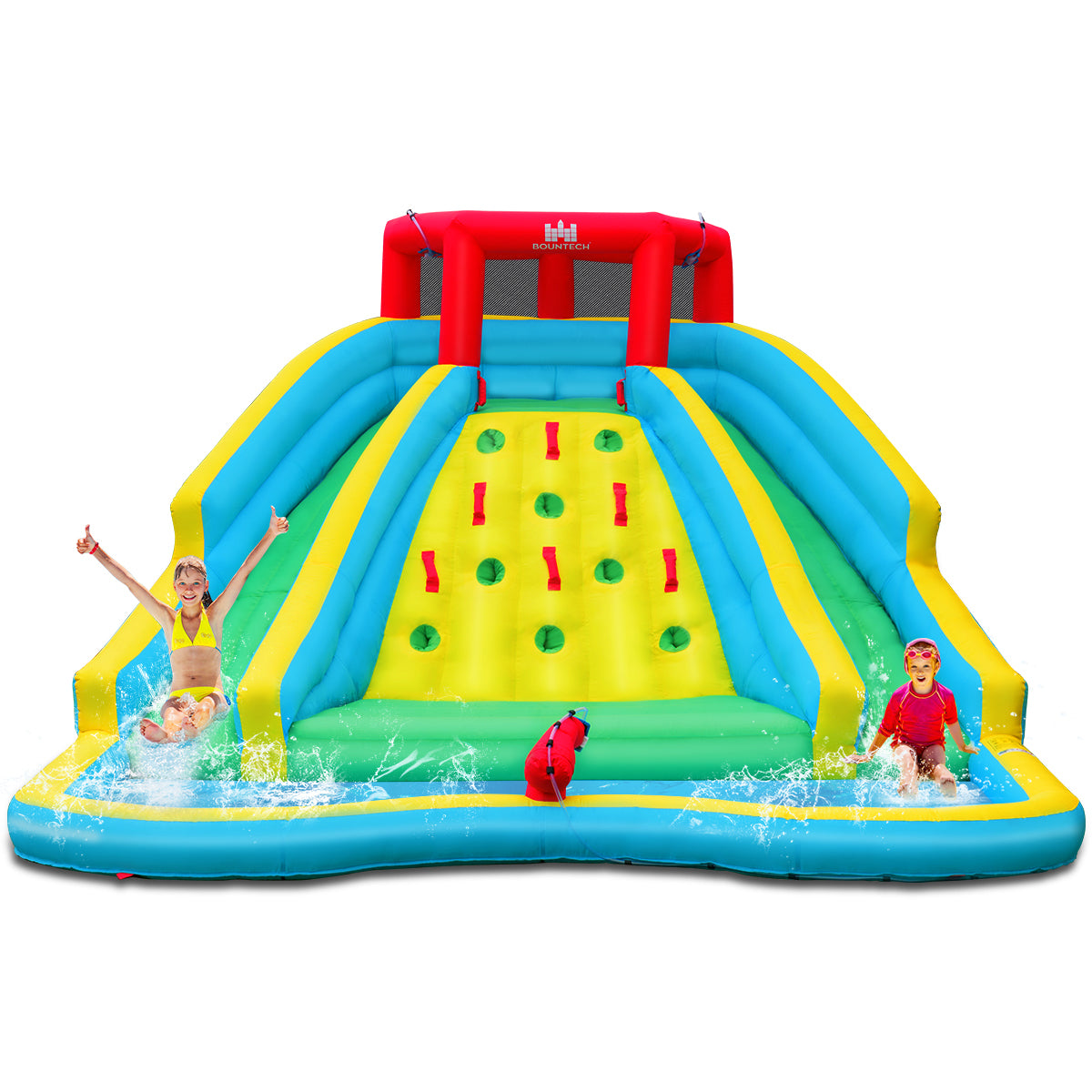 LIVSK Opblaasbaar Waterpark - 2 Glijbanen, Klimwand, Waterkanon - Duurzaam Oxford - Inclusief Accessoires - 518 x 366 x 229 cm -
