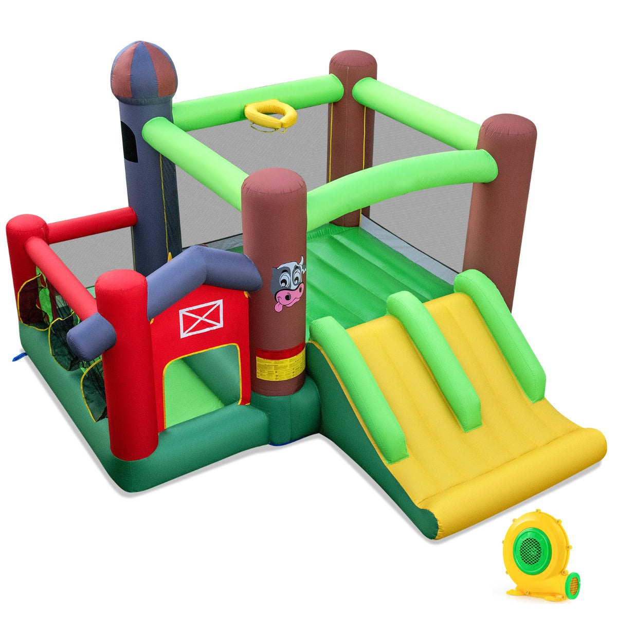 Livsk costway opblaasbaar springkussen met dubbele glijbaan 6 in 1 boerderij thema springkasteel met trampoline basketbal hoepel met ventilator 1