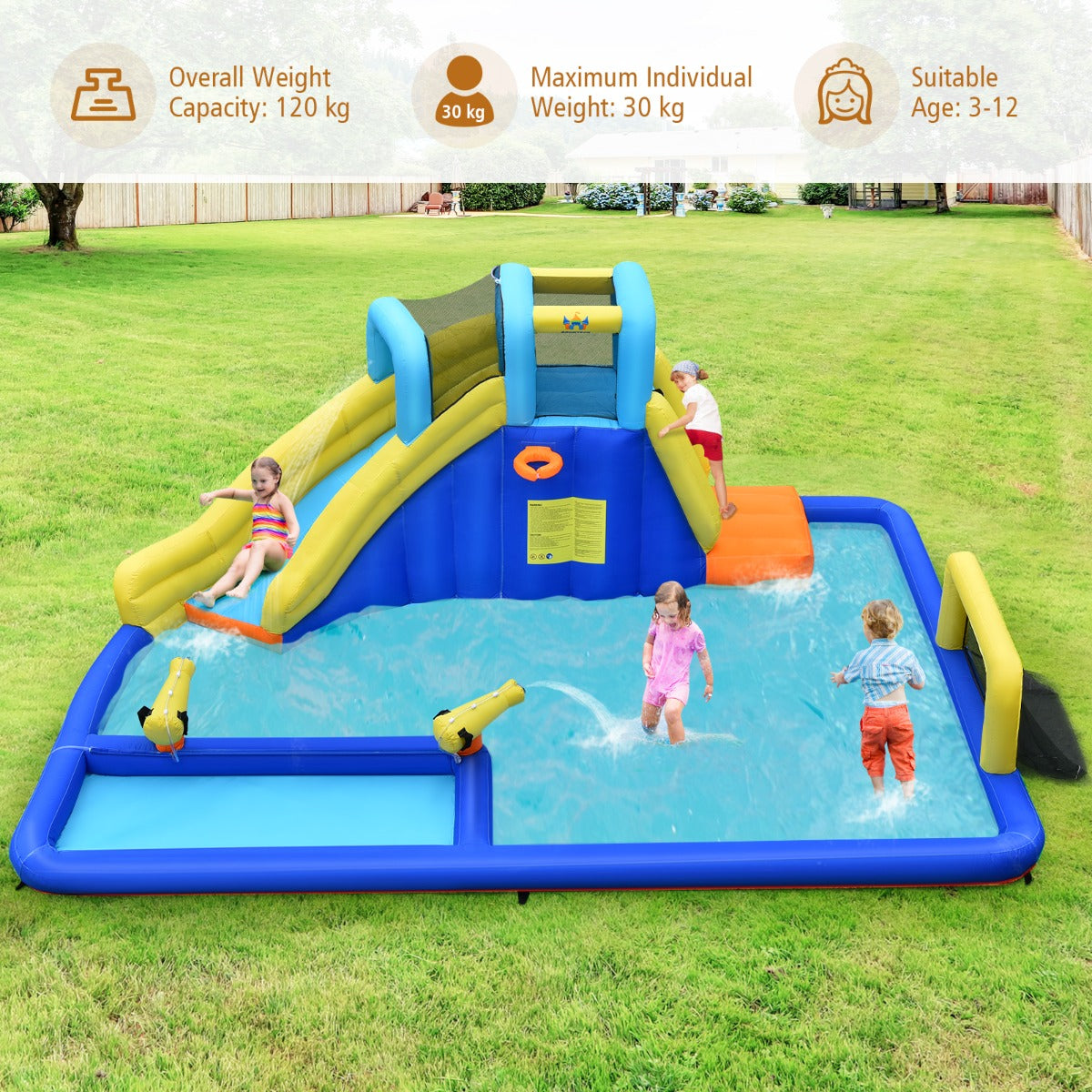 LIVSK Opblaasbaar Waterpark - 6-in-1 Springkussen met Waterglijbaan en Kanonnen - Duurzaam Oxford - Snel Opblazend - 526 x 373 x