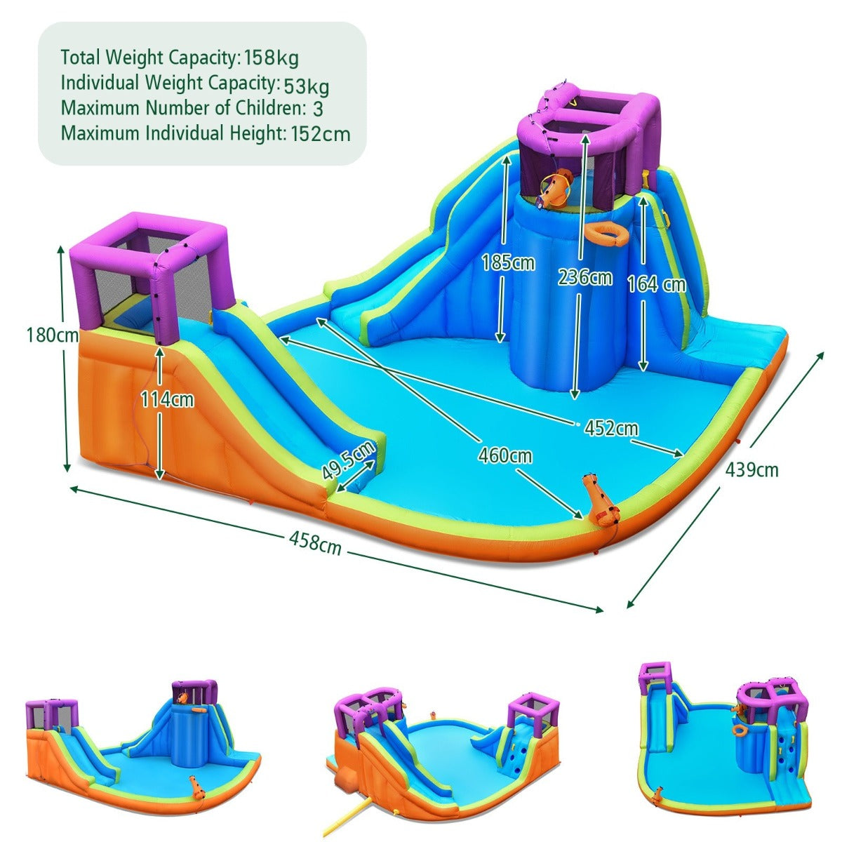 LIVSK Opblaasbaar Waterpark met Glijbaan en Sproeiers - Voor 3 Kinderen - Veilig Oxford-materiaal - Draagvermogen 159 kg - Blauw