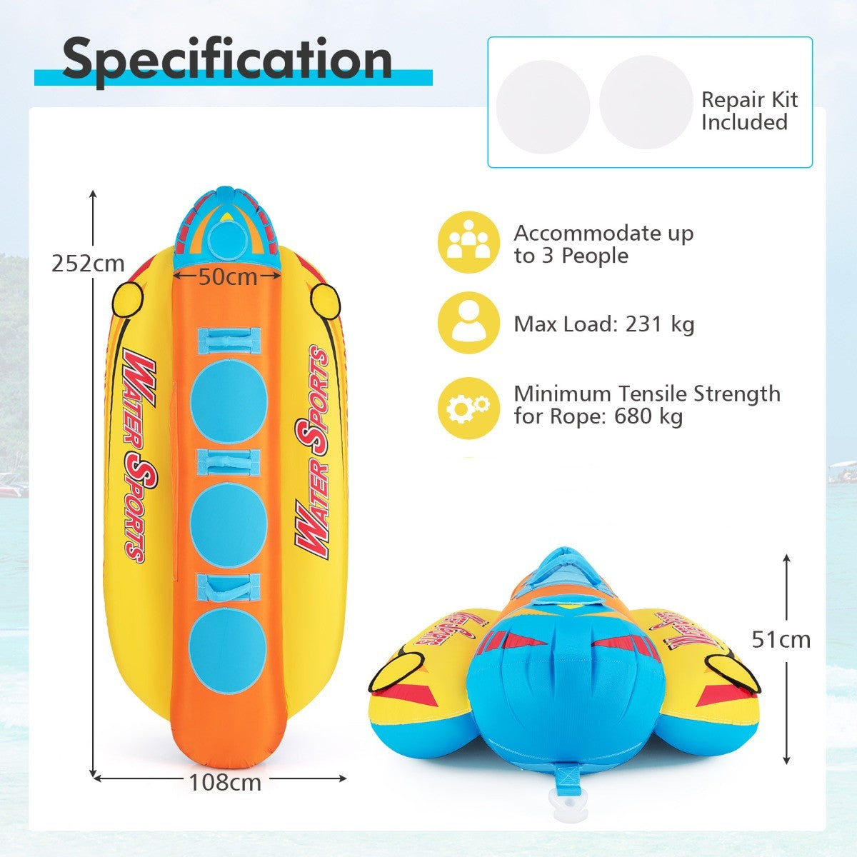 LIVSK Opblaasbare Bananenboot - 3-Persoons - Duurzaam PVC - EVA-Stoelen - Handgrepen - Compact Opvouwbaar - Oranje + Geel