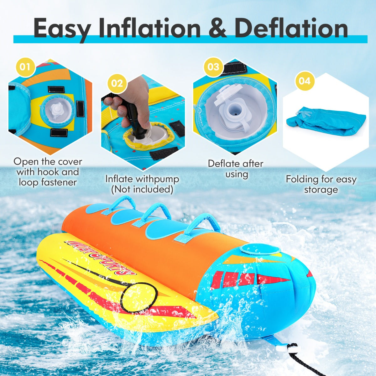 LIVSK Opblaasbare Bananenboot - 3-Persoons - Duurzaam PVC - EVA-Stoelen - Handgrepen - Compact Opvouwbaar - Oranje + Geel