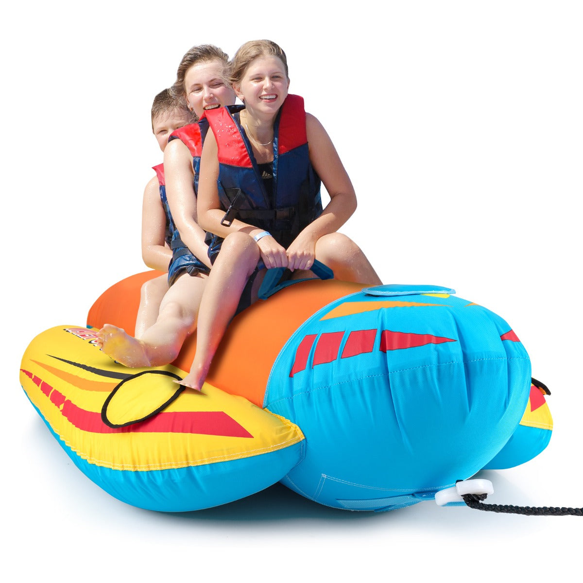 LIVSK Opblaasbare Bananenboot - 3-Persoons - Duurzaam PVC - EVA-Stoelen - Handgrepen - Compact Opvouwbaar - Oranje + Geel