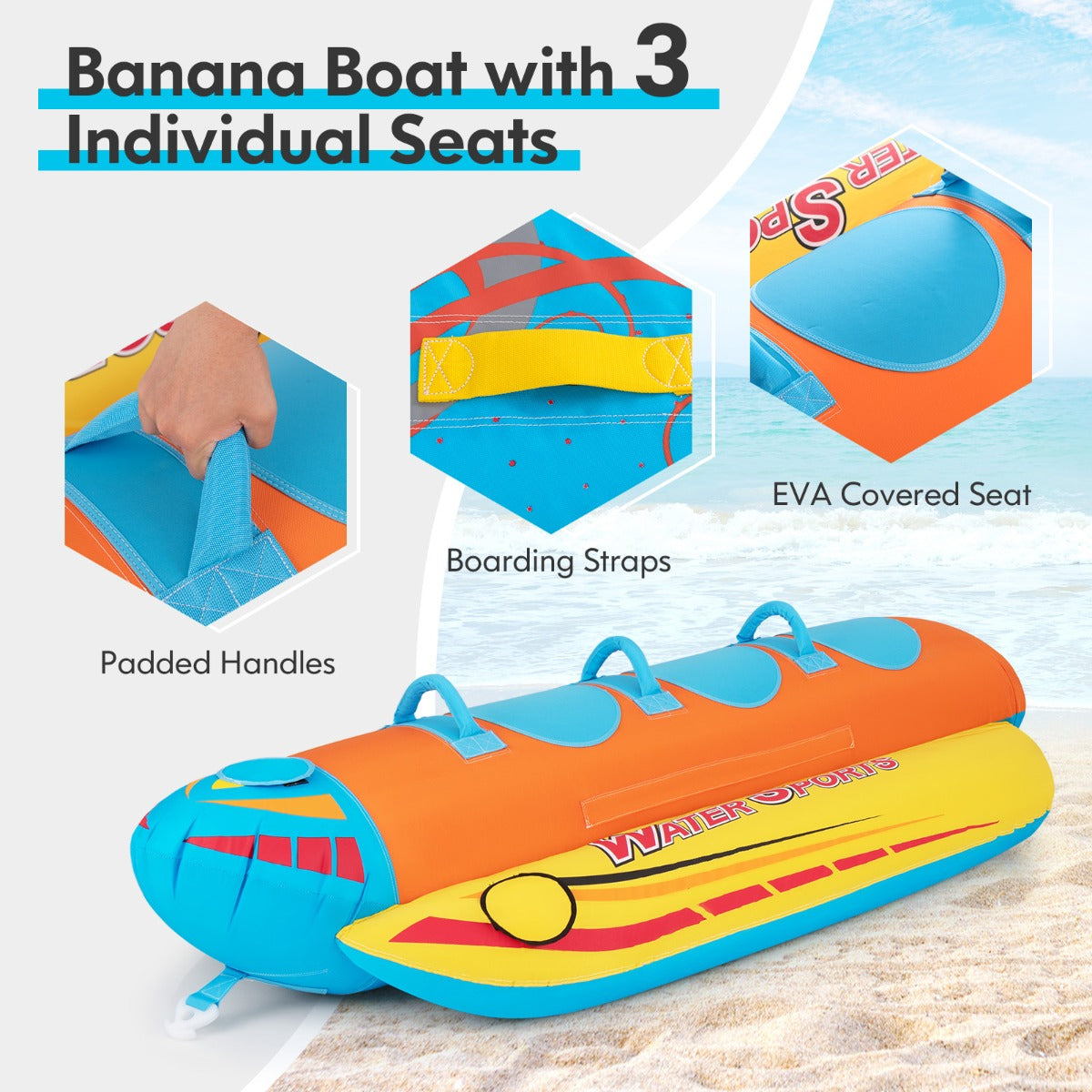 LIVSK Opblaasbare Bananenboot - 3-Persoons - Duurzaam PVC - EVA-Stoelen - Handgrepen - Compact Opvouwbaar - Oranje + Geel