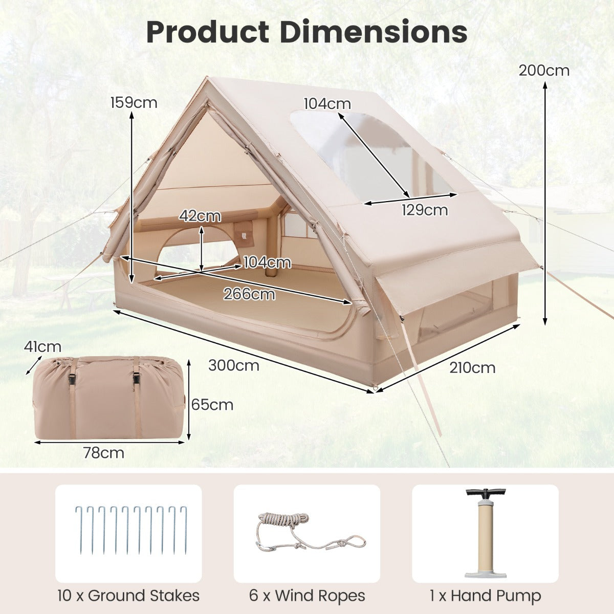 LIVSK 4-seizoenen lucht tent - Opblaasbaar en waterdicht - Voor 4-6 personen - Snelle opzet - 300 x 210 x 200 cm - Beige