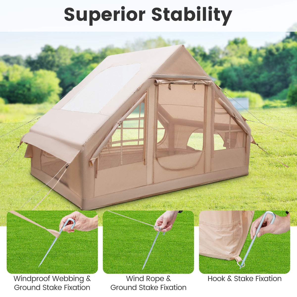 LIVSK 4-seizoenen lucht tent - Opblaasbaar en waterdicht - Voor 4-6 personen - Snelle opzet - 300 x 210 x 200 cm - Beige