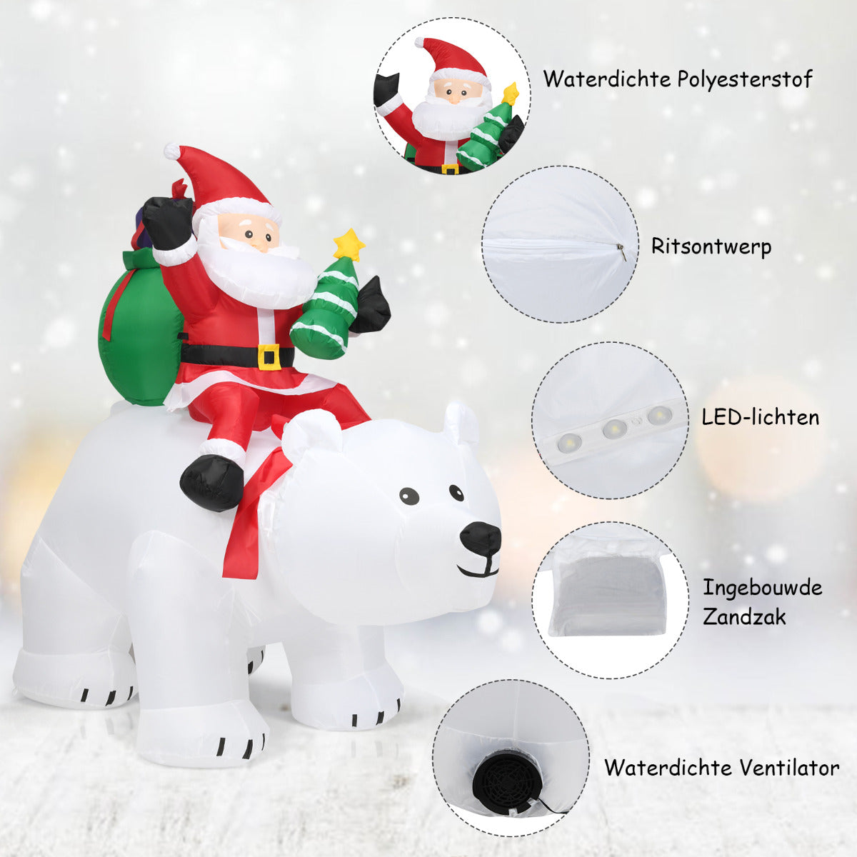 LIVSK Opblaasbare IJsbeer met Kerstman - LED-verlichting - Waterafstotend - Inclusief Ventilator - 200 x 87,5 x 175 cm -