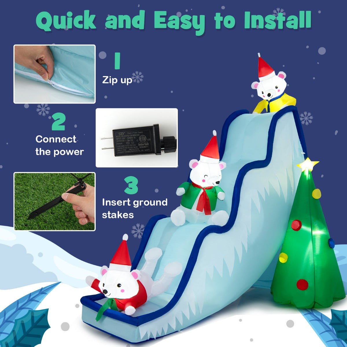 LIVSK Opblaasbare Kerstdecoratie - Drie IJsberen met Kerstboom - LED-verlichting - Waterdicht en Scheurbestendig - 225 x 120 x
