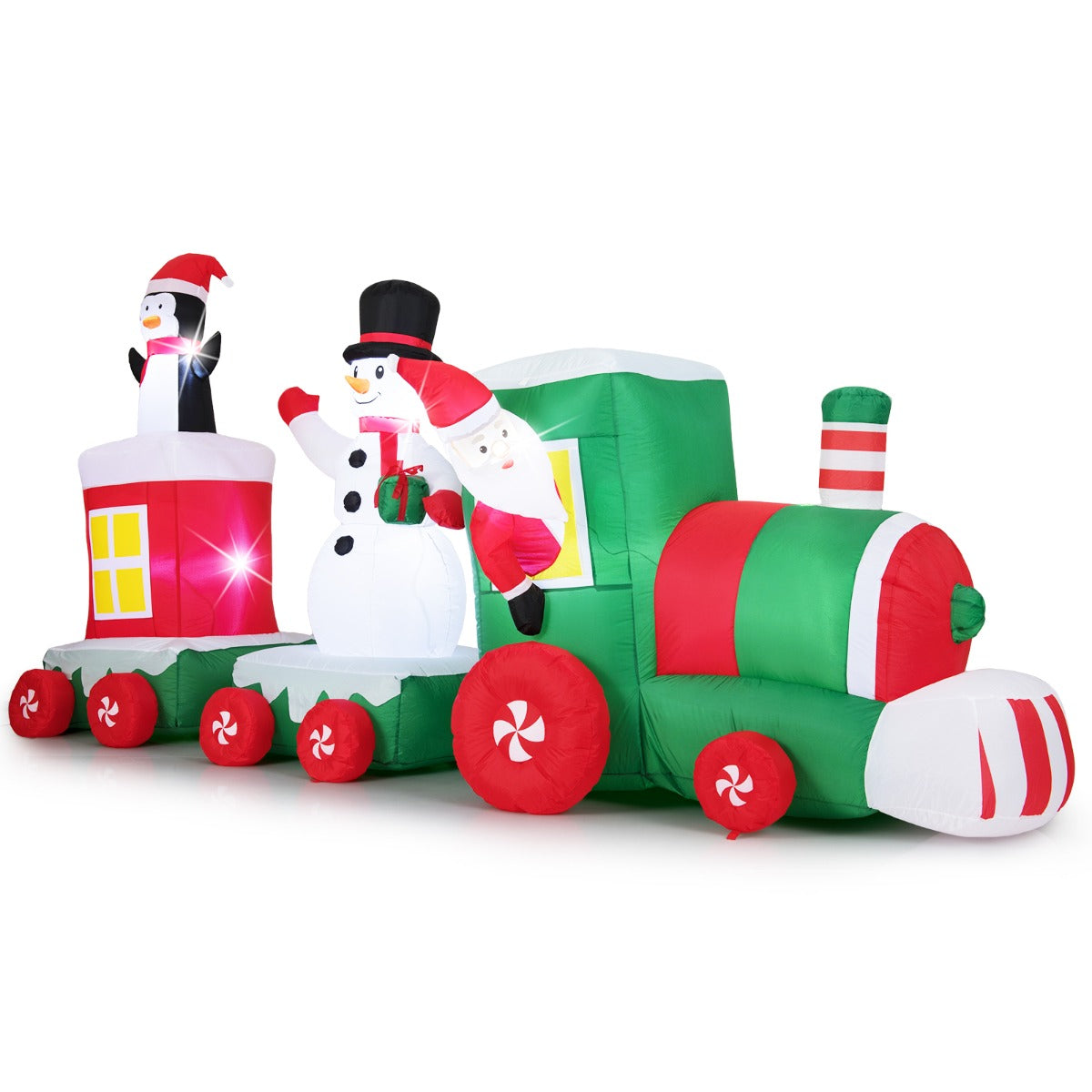 Livsk costway opblaasbare kerstman rijdt in trein met sneeuwpop kerstversiering voor in de tuin 350 cm opblaasbare kersttrein 1 1
