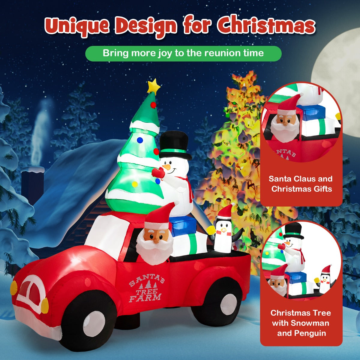 LIVSK Opblaasbare Kerstdecoratie - Kerstman in Auto met Sneeuwpop en Pinguïns - LED Verlichting - Eenvoudige Installatie -