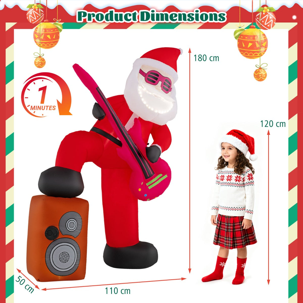 LIVSK Opblaasbare Kerstman met Muziek - LED-verlichting - Interactief Design - Instelbaar Volume - 110 x 50 x 180 cm - Meerkleurig