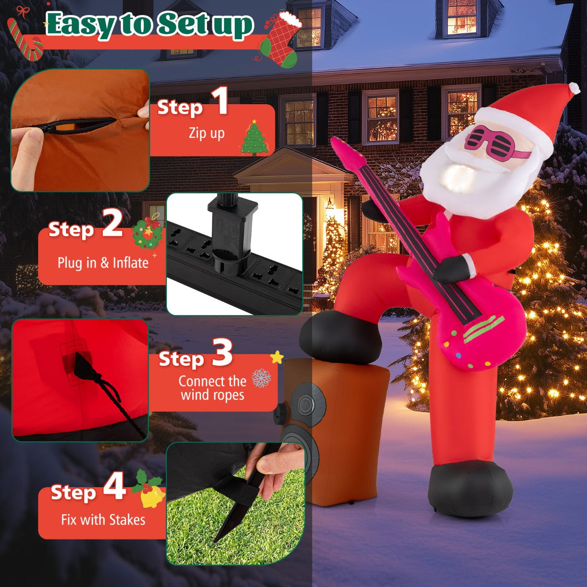 LIVSK Opblaasbare Kerstman met Muziek - LED-verlichting - Interactief Design - Instelbaar Volume - 110 x 50 x 180 cm - Meerkleurig