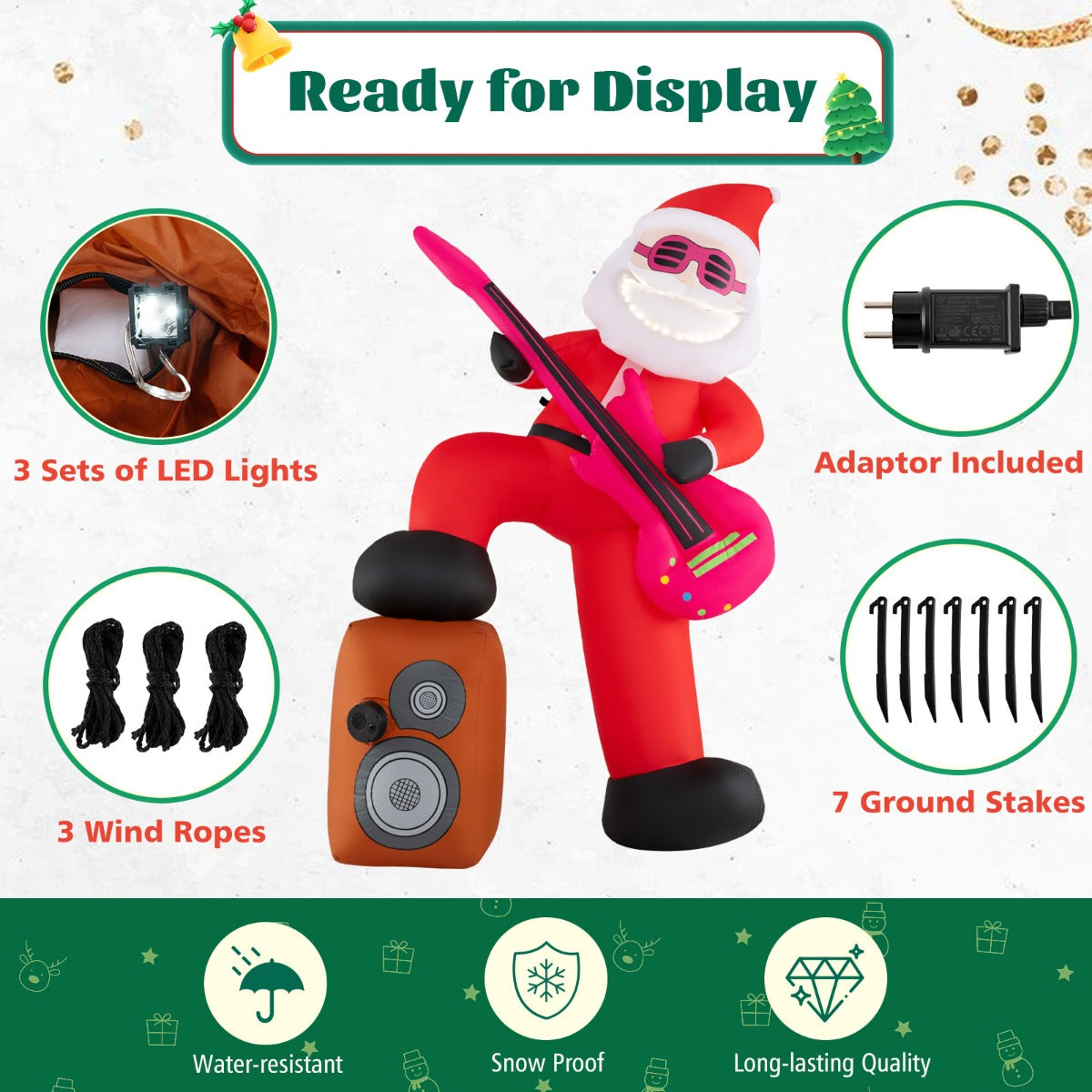 LIVSK Opblaasbare Kerstman met Muziek - LED-verlichting - Interactief Design - Instelbaar Volume - 110 x 50 x 180 cm - Meerkleurig