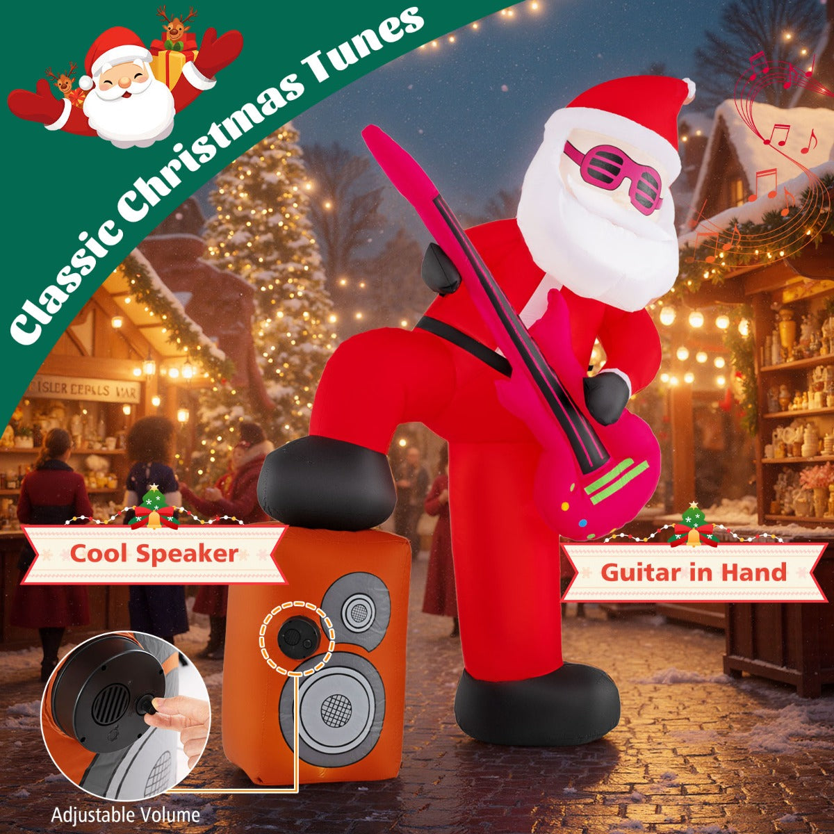 LIVSK Opblaasbare Kerstman met Muziek - LED-verlichting - Interactief Design - Instelbaar Volume - 110 x 50 x 180 cm - Meerkleurig