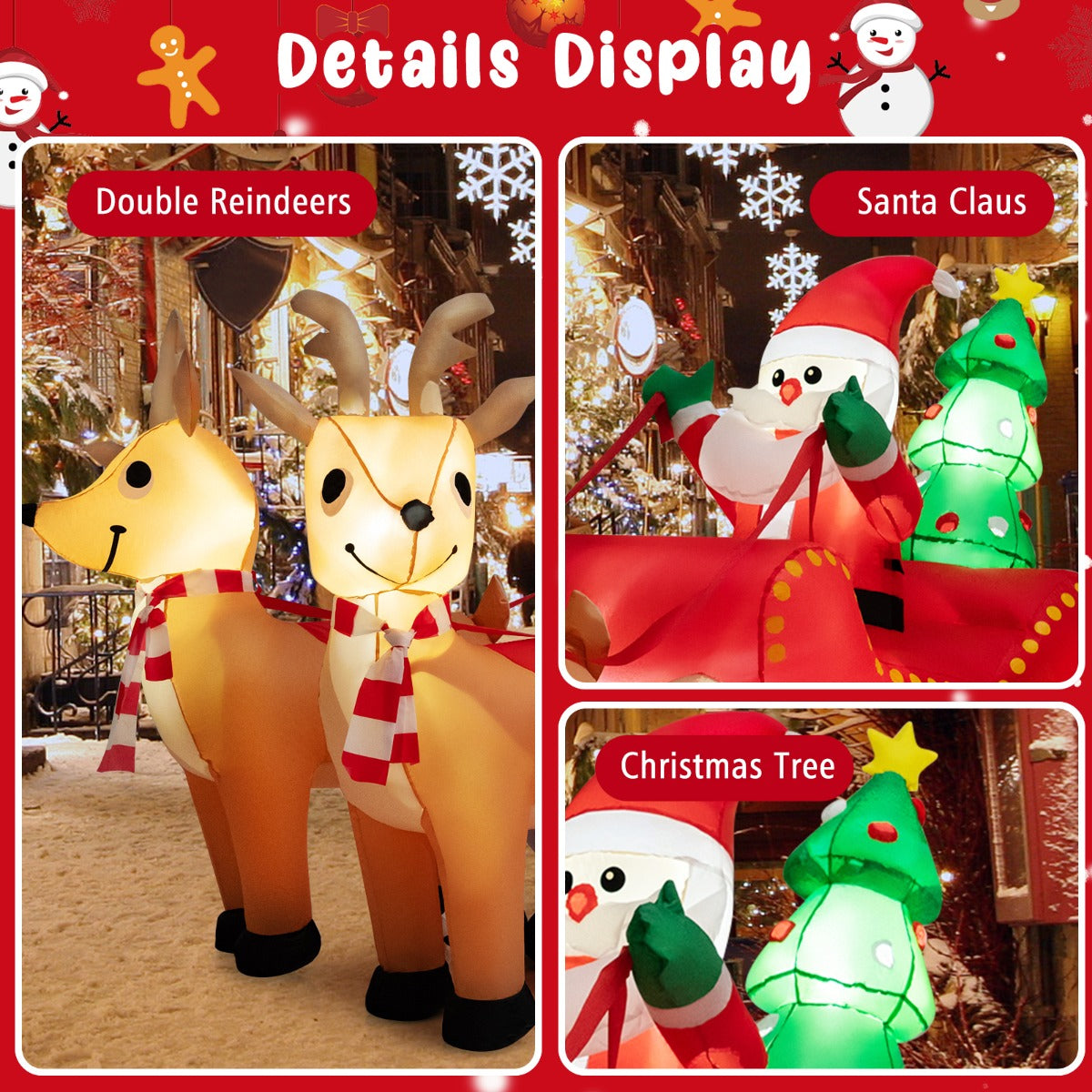 LIVSK Opblaasbare Kerstman op Slee met 2 Rendieren - Inclusief LED-verlichting - Duurzaam Polyester - 220 x 100 x 130 cm -