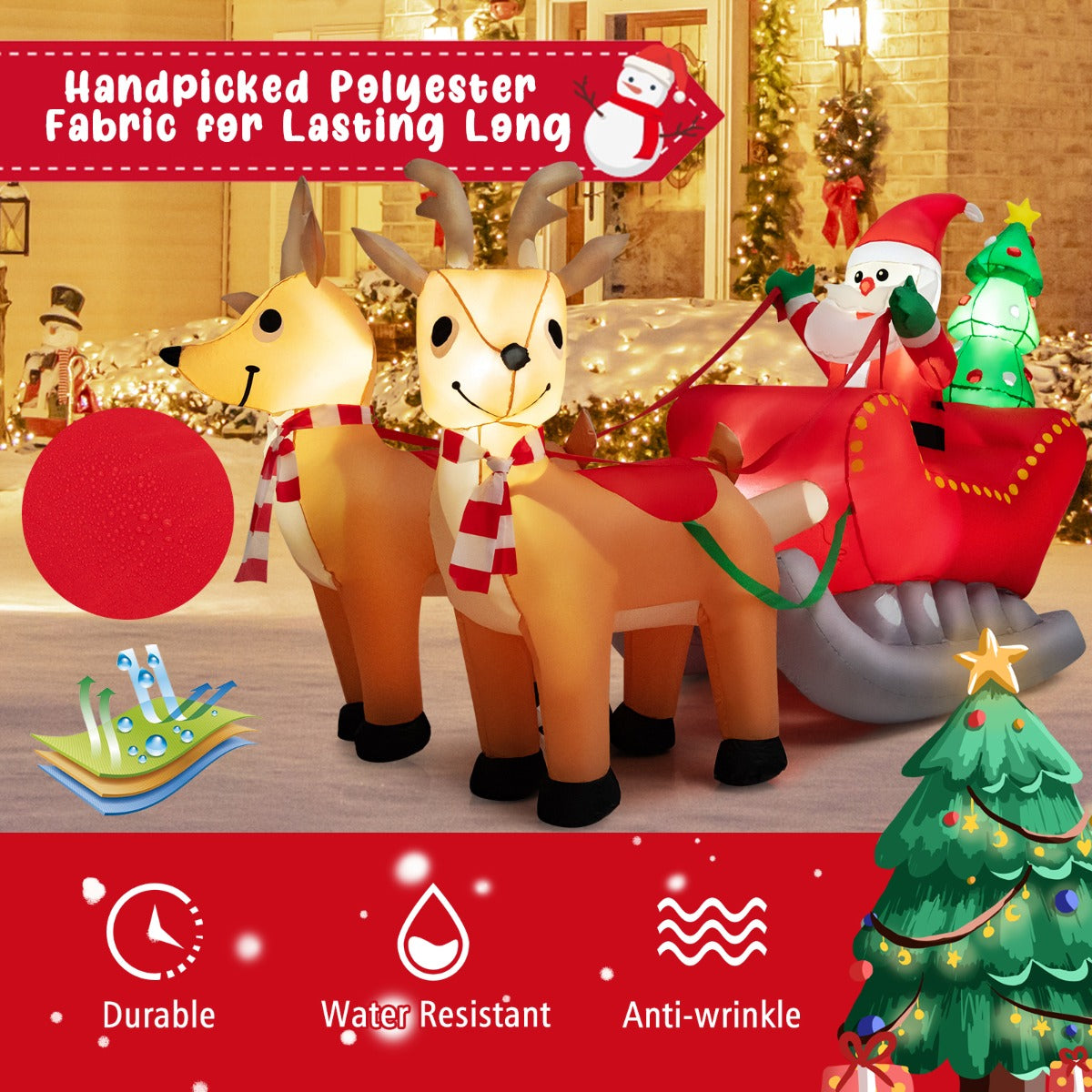 LIVSK Opblaasbare Kerstman op Slee met 2 Rendieren - Inclusief LED-verlichting - Duurzaam Polyester - 220 x 100 x 130 cm -