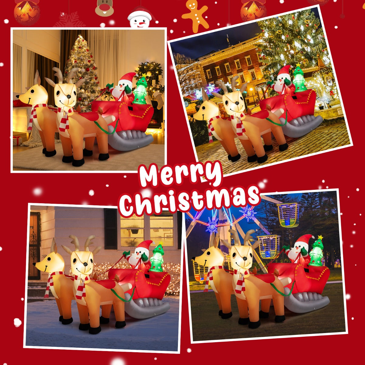 LIVSK Opblaasbare Kerstman op Slee met 2 Rendieren - Inclusief LED-verlichting - Duurzaam Polyester - 220 x 100 x 130 cm -