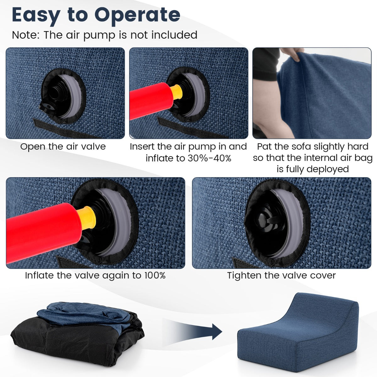 Livsk costway opblaasbare loungestoel ergonomische opblaasbare lazy sofa met afneembare hoes en antislipbasis blauw 3