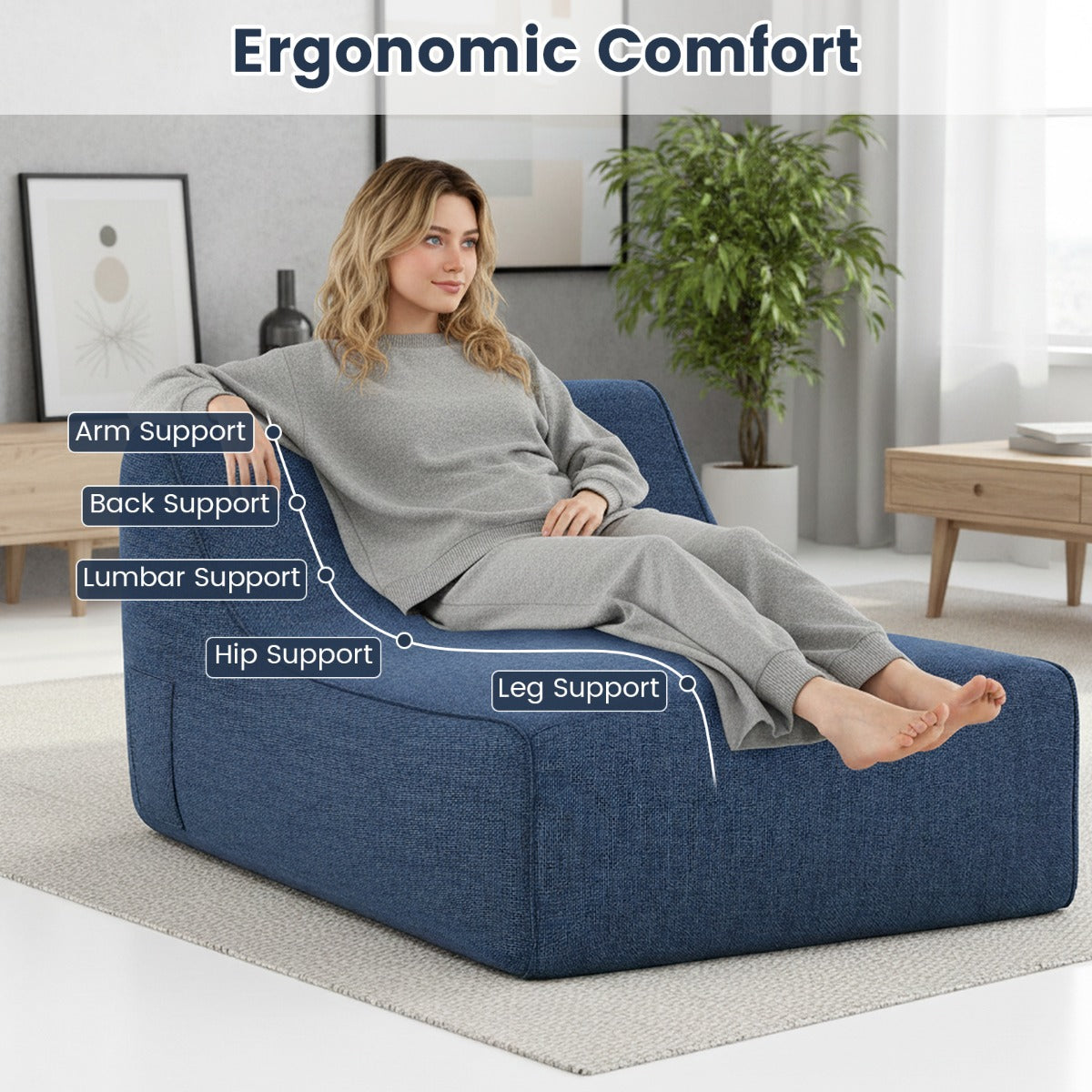 Livsk costway opblaasbare loungestoel ergonomische opblaasbare lazy sofa met afneembare hoes en antislipbasis blauw 5