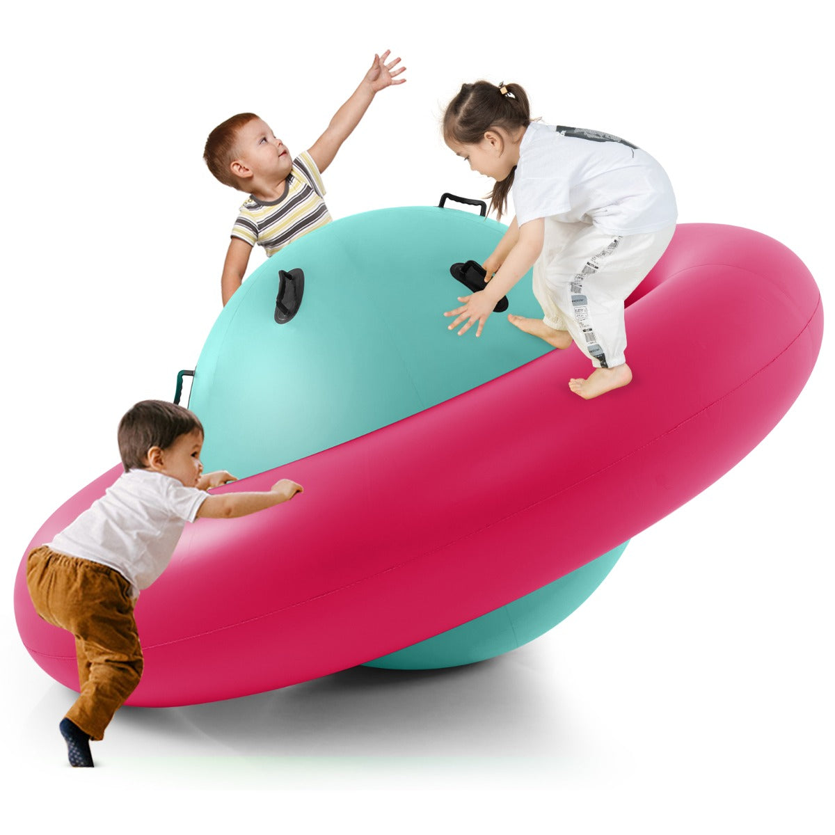 LIVSK Opblaasbare Schommelbal voor Kinderen - Ruimteschipvorm - Duurzaam PVC - Tot 3 Kinderen - 233 x 123 cm - Groen + Roze