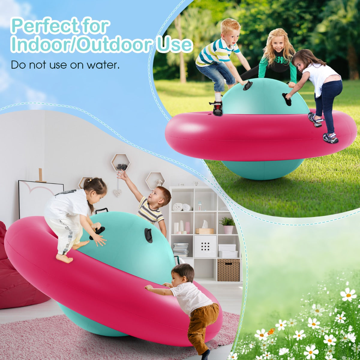 LIVSK Opblaasbare Schommelbal voor Kinderen - Ruimteschipvorm - Duurzaam PVC - Tot 3 Kinderen - 233 x 123 cm - Groen + Roze