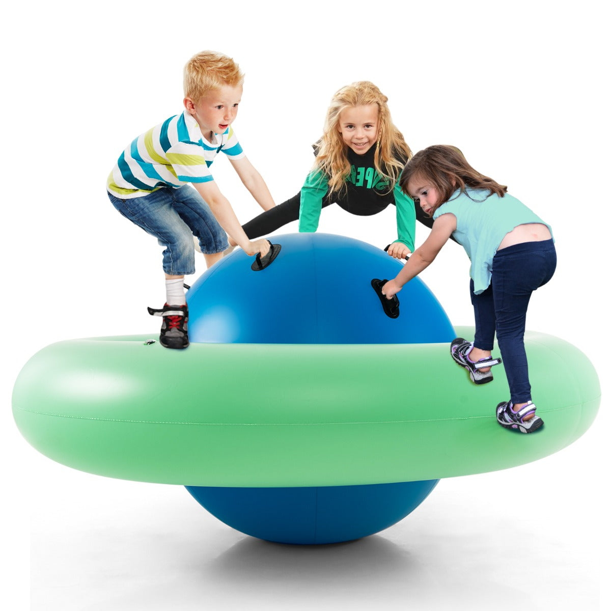 LIVSK Opblaasbare Schommelbal - Ruimteschipvorm - 6 Ergonomische Handvatten - Duurzaam PVC - Maximaal 3 Kinderen - Groen + Blauw