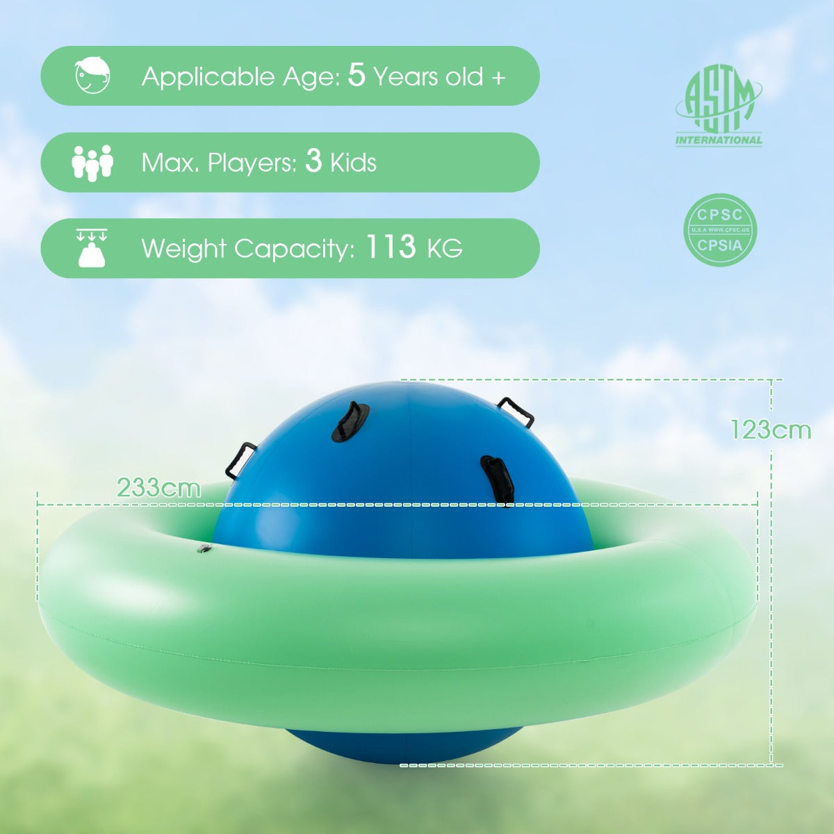 LIVSK Opblaasbare Schommelbal - Ruimteschipvorm - 6 Ergonomische Handvatten - Duurzaam PVC - Maximaal 3 Kinderen - Groen + Blauw