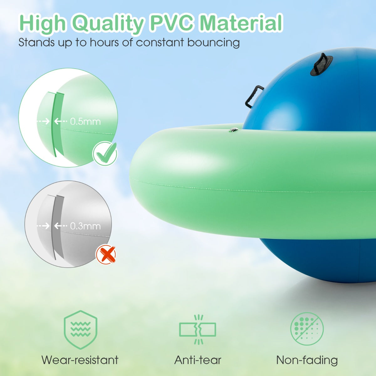 LIVSK Opblaasbare Schommelbal - Ruimteschipvorm - 6 Ergonomische Handvatten - Duurzaam PVC - Maximaal 3 Kinderen - Groen + Blauw