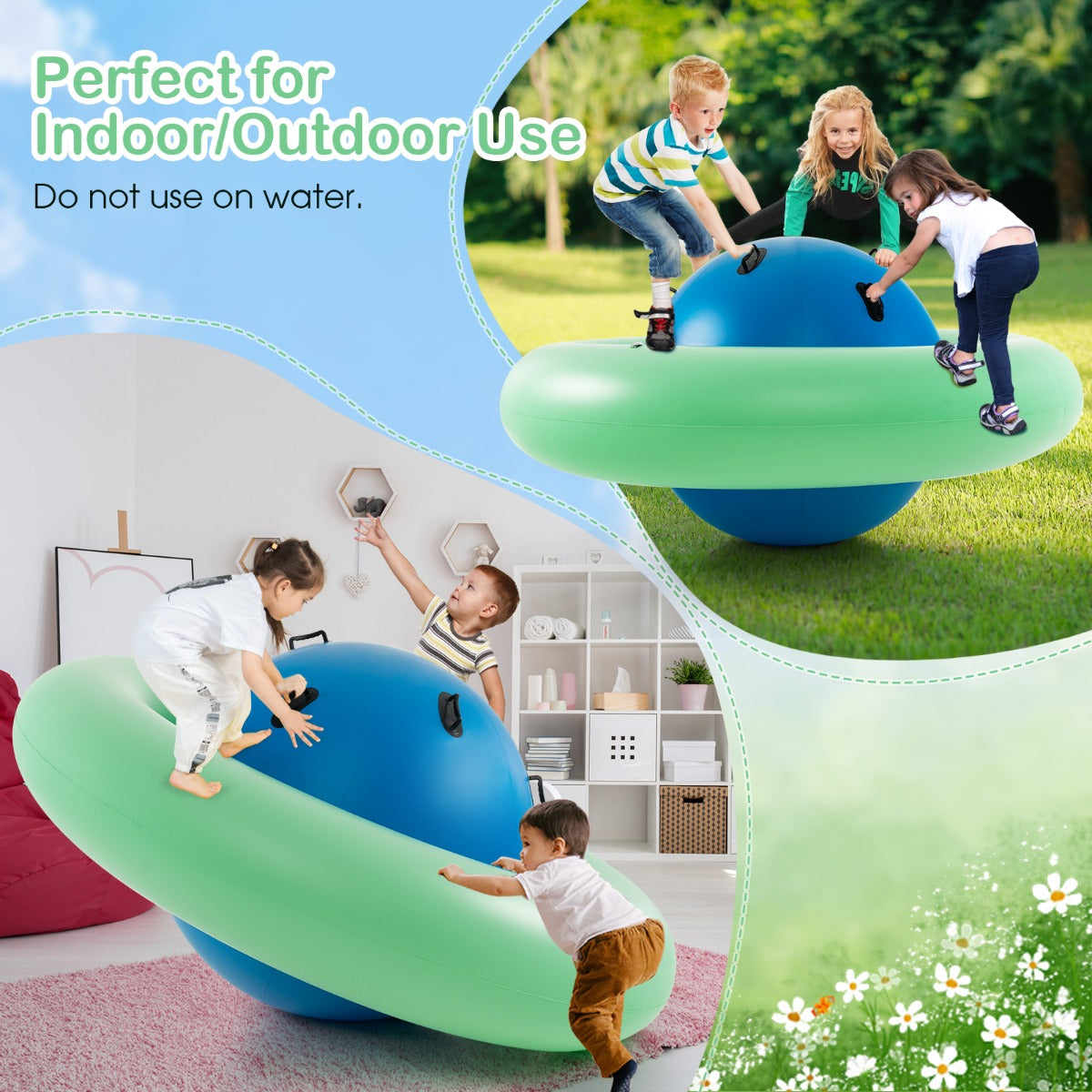 LIVSK Opblaasbare Schommelbal - Ruimteschipvorm - 6 Ergonomische Handvatten - Duurzaam PVC - Maximaal 3 Kinderen - Groen + Blauw