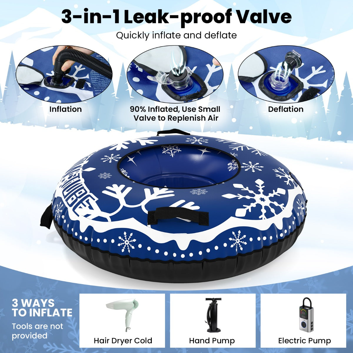 Livsk costway opblaasbare sneeuwboei stevige sneeuwslee van 107 cm met afneembare sleepband blauw 6