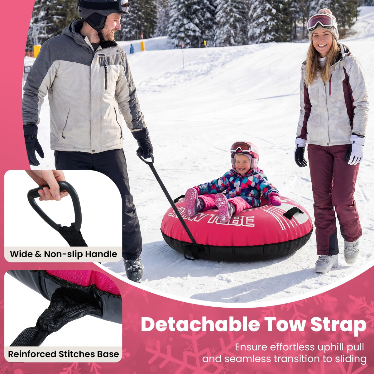 Livsk costway opblaasbare sneeuwboei stevige sneeuwslee van 107 cm met afneembare sleepband roze 4