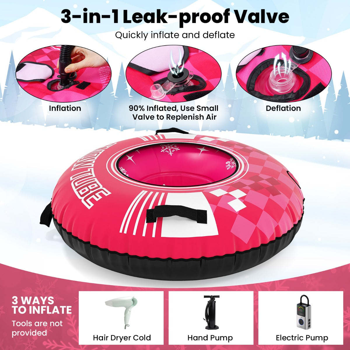 Livsk costway opblaasbare sneeuwboei stevige sneeuwslee van 107 cm met afneembare sleepband roze 6