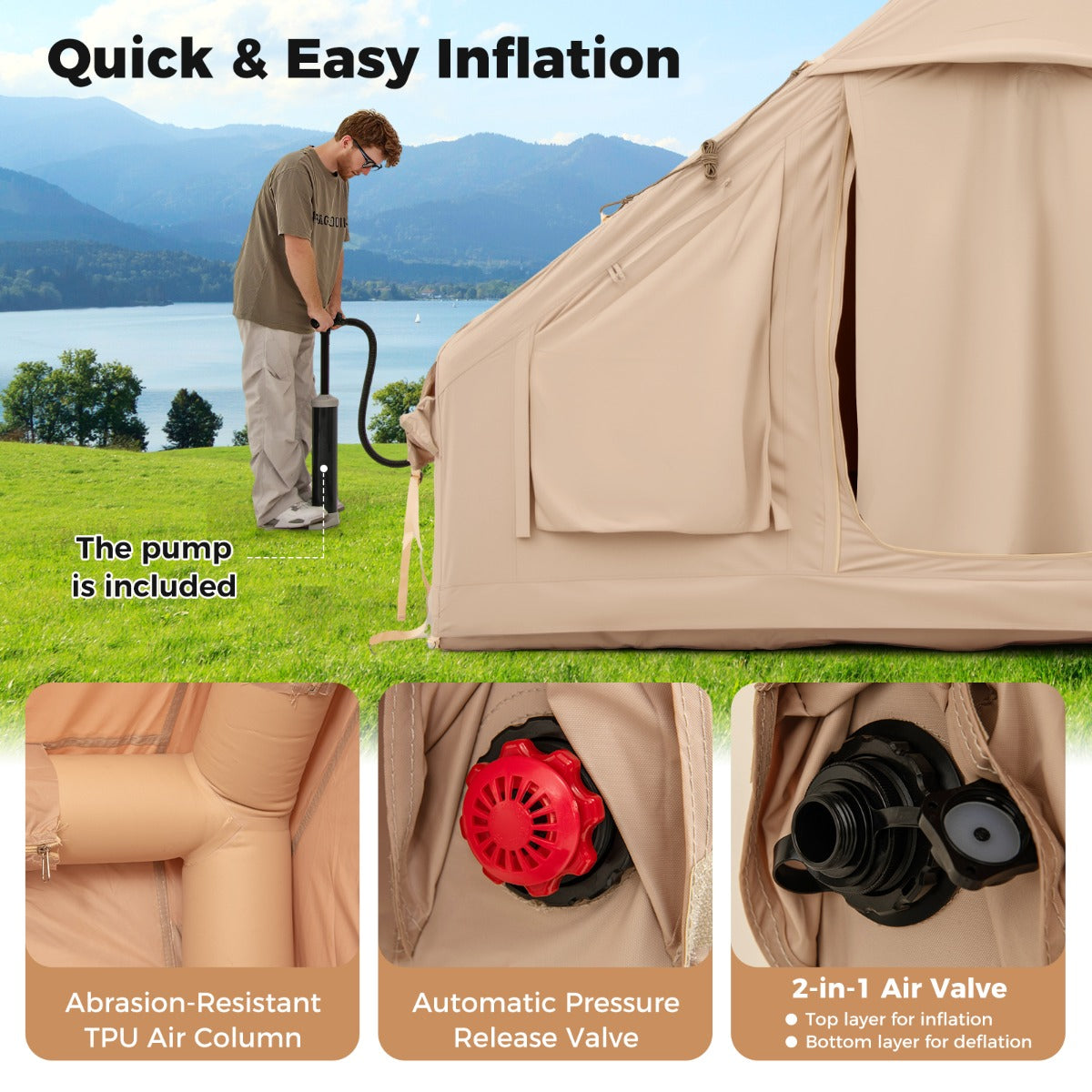 LIVSK Opblaasbare Campingtent voor 4-6 Personen - Windbestendig - 4 Netramen - Inclusief Pomp - 300 x 210 x 197 cm - Beige