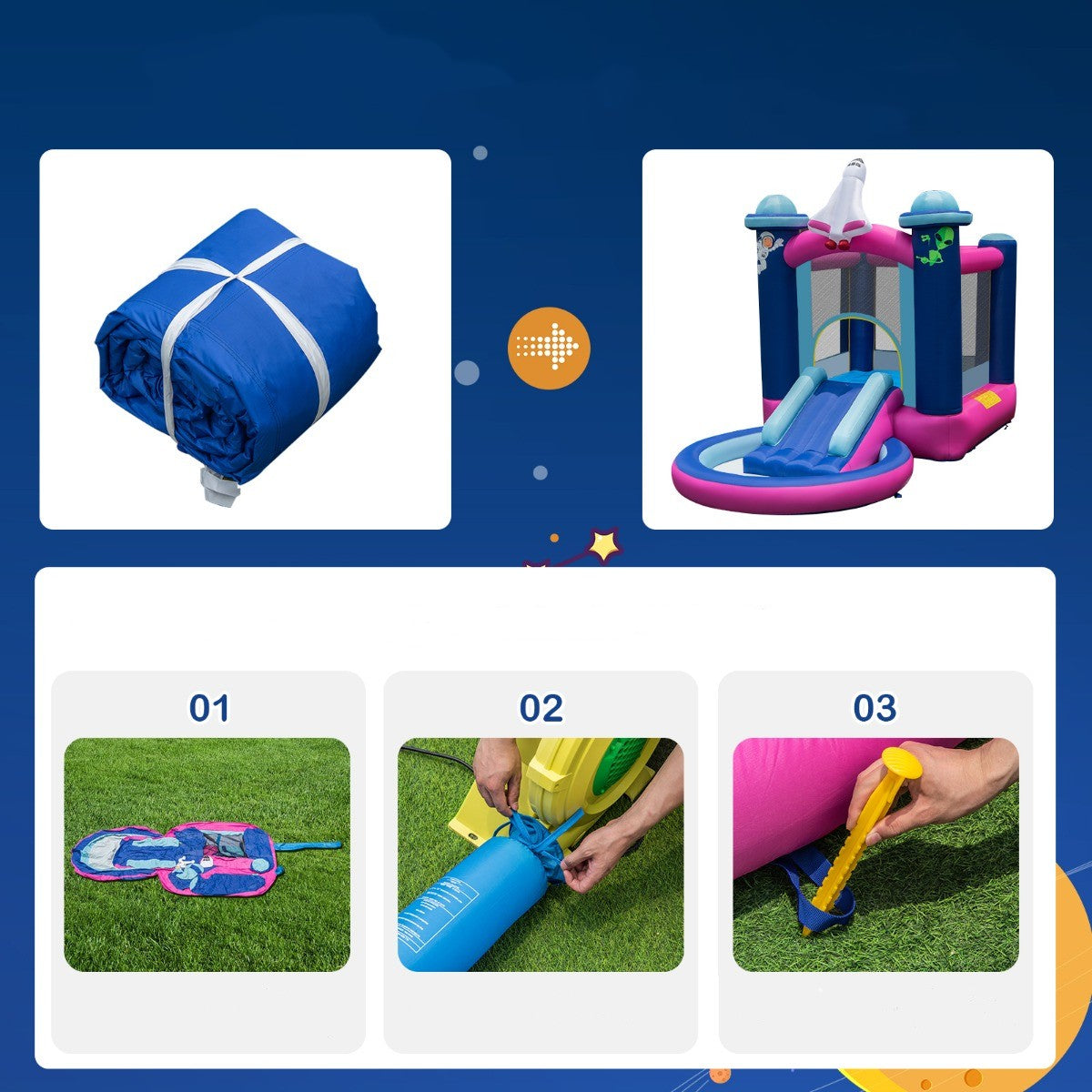 LIVSK Opblaasbare Waterglijbaan met Ruimtethema - Geschikt voor 3 Kinderen - Duurzaam Oxford-Stof - Inclusief Ventilator - Blauw