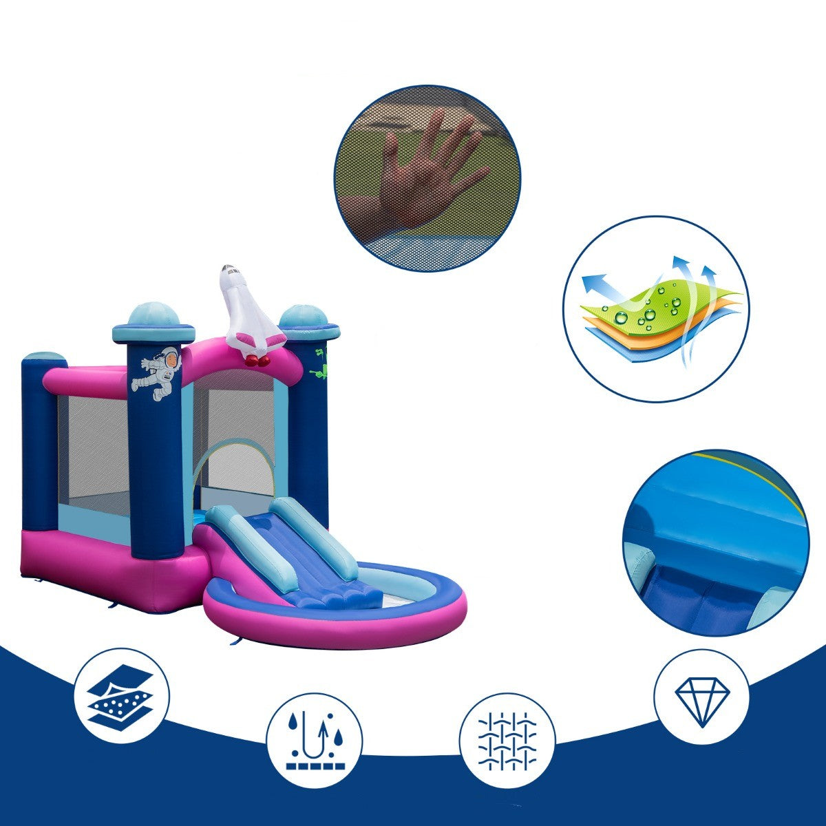 LIVSK Opblaasbare Waterglijbaan met Ruimtethema - Geschikt voor 3 Kinderen - Duurzaam Oxford-Stof - Inclusief Ventilator - Blauw