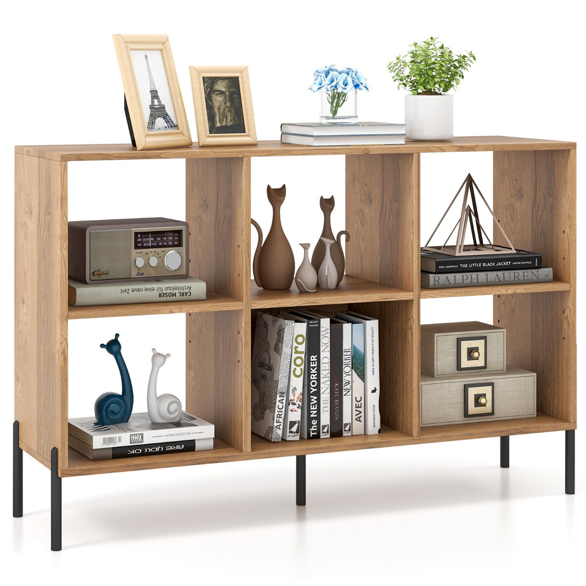 LIVSK Verstelbare Boekenkast - 6 Vakken - Verhoogde Metalen Poten - 150 kg Draagvermogen - Gelamineerd Hout - 120 x 35 x 79,5 cm