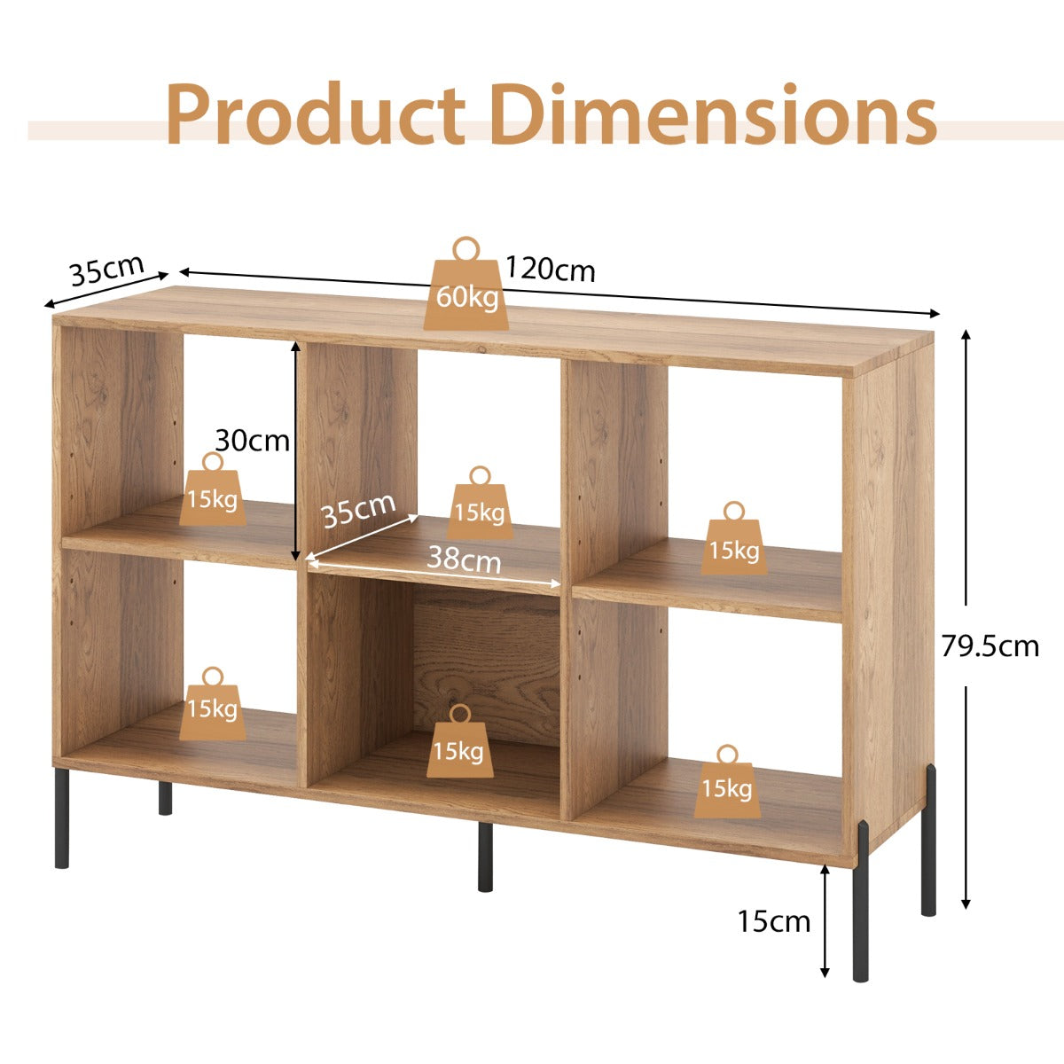 LIVSK Verstelbare Boekenkast - 6 Vakken - Verhoogde Metalen Poten - 150 kg Draagvermogen - Gelamineerd Hout - 120 x 35 x 79,5 cm