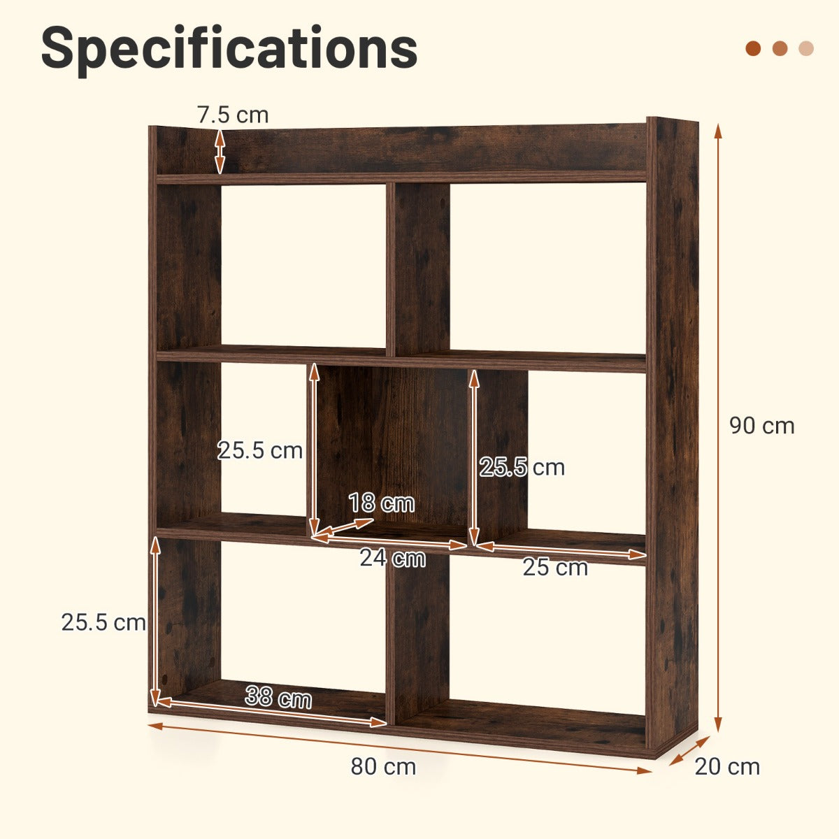 LIVSK Open Boekenkast met 7 Kubussen - Vrijstaand en Duurzaam - Kantelbeveiliging - Modern Design - 80 x 20 x 90 cm - Koffie