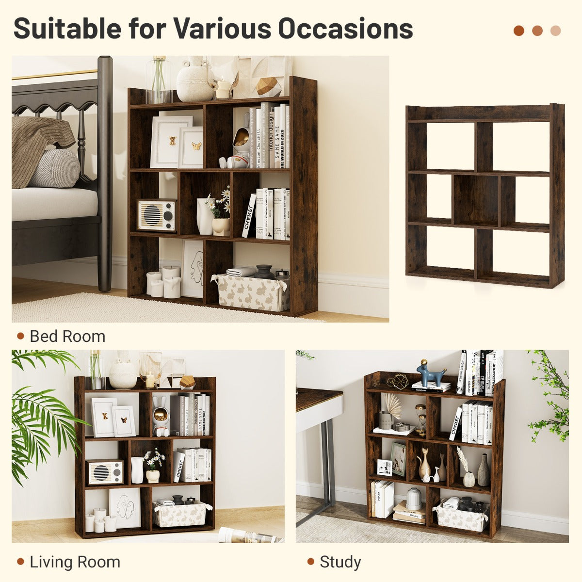 LIVSK Open Boekenkast met 7 Kubussen - Vrijstaand en Duurzaam - Kantelbeveiliging - Modern Design - 80 x 20 x 90 cm - Koffie