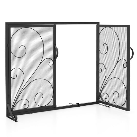 LIVSK Haardscherm met Dubbele Deur - Roest- en Hittebestendig Metaal - Elegant Bloemmotief - 96 x 35 x 78 cm - Zwart